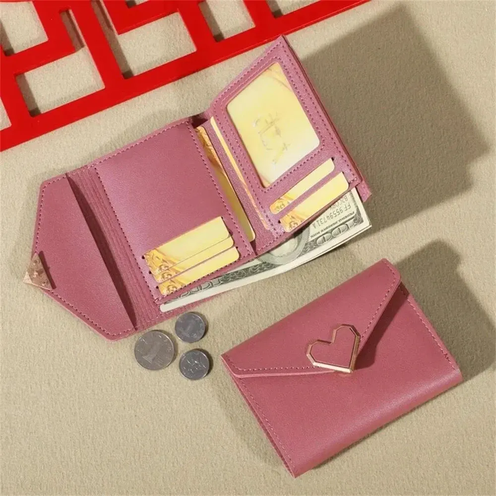 Solid Color Short Wallet With Love Heart Metal Trim Buckle / Mini Fold Coin Purse For Women