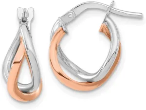 Solid Real 14k White and Rose Gold Tube Hoops Earrings - 15mm x 11mm