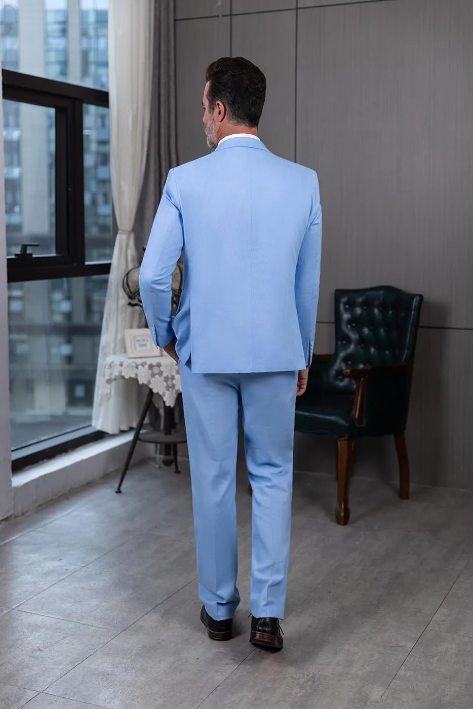 SOLOVEDRESS Men's 3 Piece Linen Suits Set Regular Fit Casual Groomsmen Tuxedo Blazer Jacket and Pants for Wedding and Prom