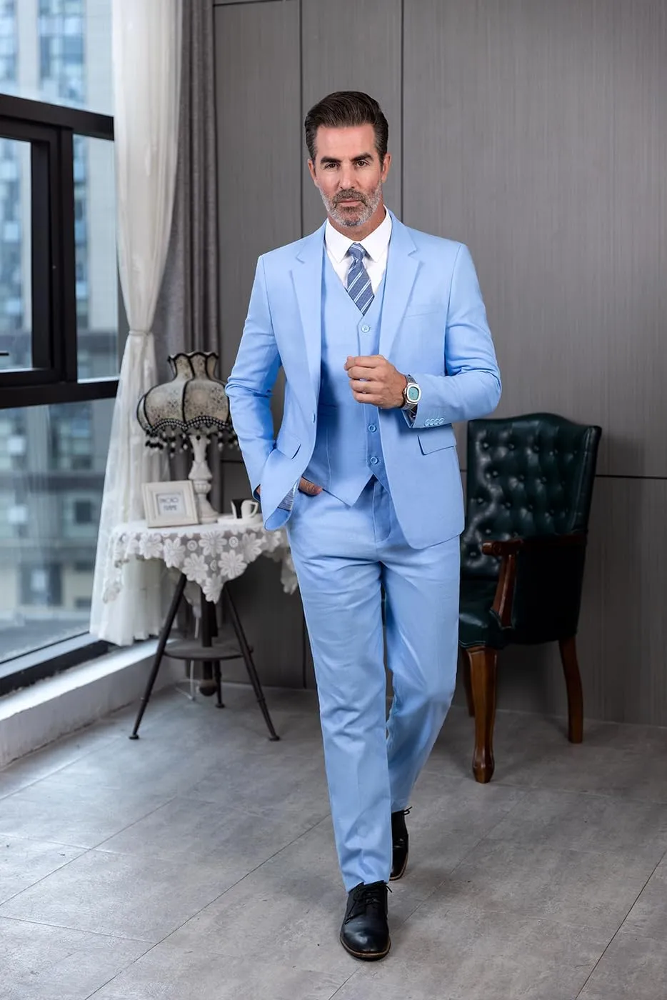 SOLOVEDRESS Men's 3 Piece Linen Suits Set Regular Fit Casual Groomsmen Tuxedo Blazer Jacket and Pants for Wedding and Prom
