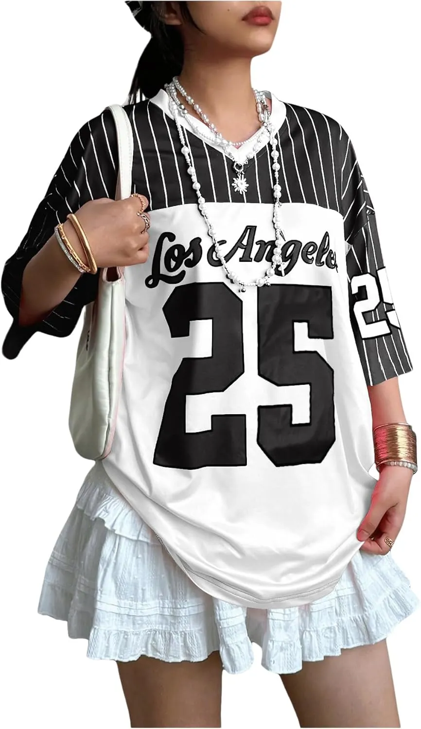 SOLY HUX Jersey Shirts for Women Y2k Oversized T Shirt Striped Number Graphic Tees V Neck Half Sleeve Streetwear Tops