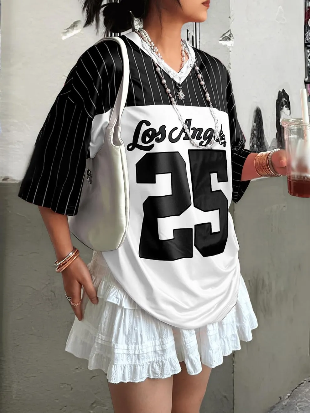 SOLY HUX Jersey Shirts for Women Y2k Oversized T Shirt Striped Number Graphic Tees V Neck Half Sleeve Streetwear Tops