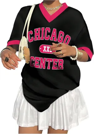 SOLY HUX Jersey Shirts for Women Y2k Oversized T Shirt Striped Number Graphic Tees V Neck Half Sleeve Streetwear Tops