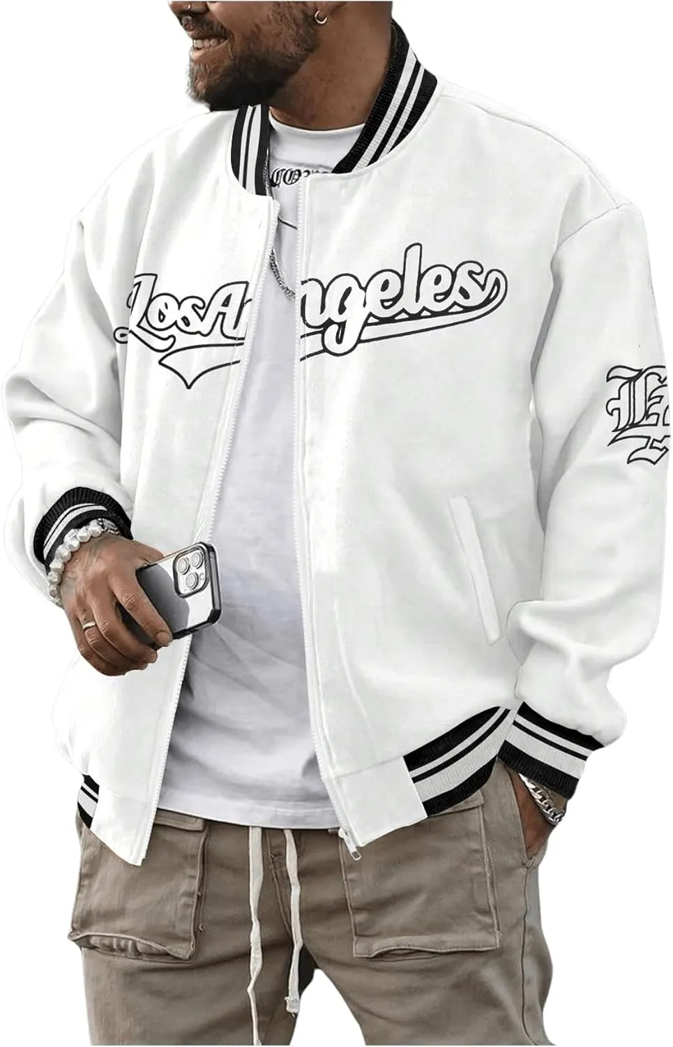 SOLY HUX Men's Varsity Jacket Zip Up Letter Print Striped Long Sleeve Streetwear Baseball Jacket