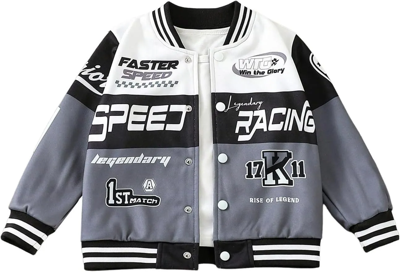 SOLY HUX Toddler Boy's Varsity Jacket Letter Graphic Color Block Long Sleeve Motorcycle Jacket Outerwear