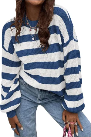 SOLY HUX Women's Color Block Striped Knit Tops Casual Long Sleeve Drop Shoulder Sweater Pullovers