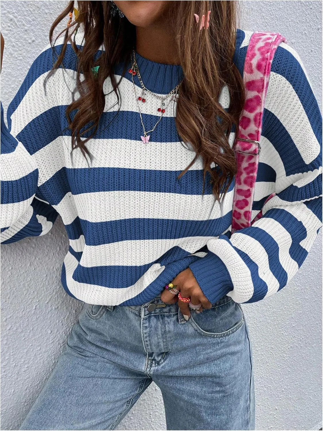 SOLY HUX Women's Color Block Striped Knit Tops Casual Long Sleeve Drop Shoulder Sweater Pullovers