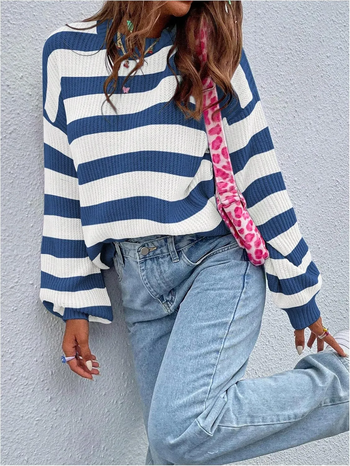 SOLY HUX Women's Color Block Striped Knit Tops Casual Long Sleeve Drop Shoulder Sweater Pullovers