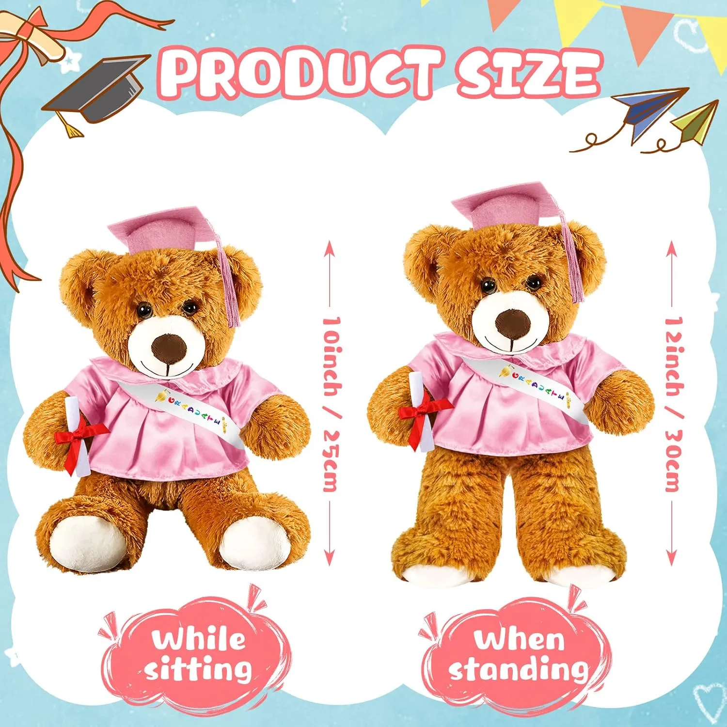 Sotiff 2 Pcs Graduation Bear Plush Stuffed Toy Bear Graduation Gifts Doll Stuffed with Grad Cap for Preschool Kindergarten College Gift(12 Inch,Brown, Pink)