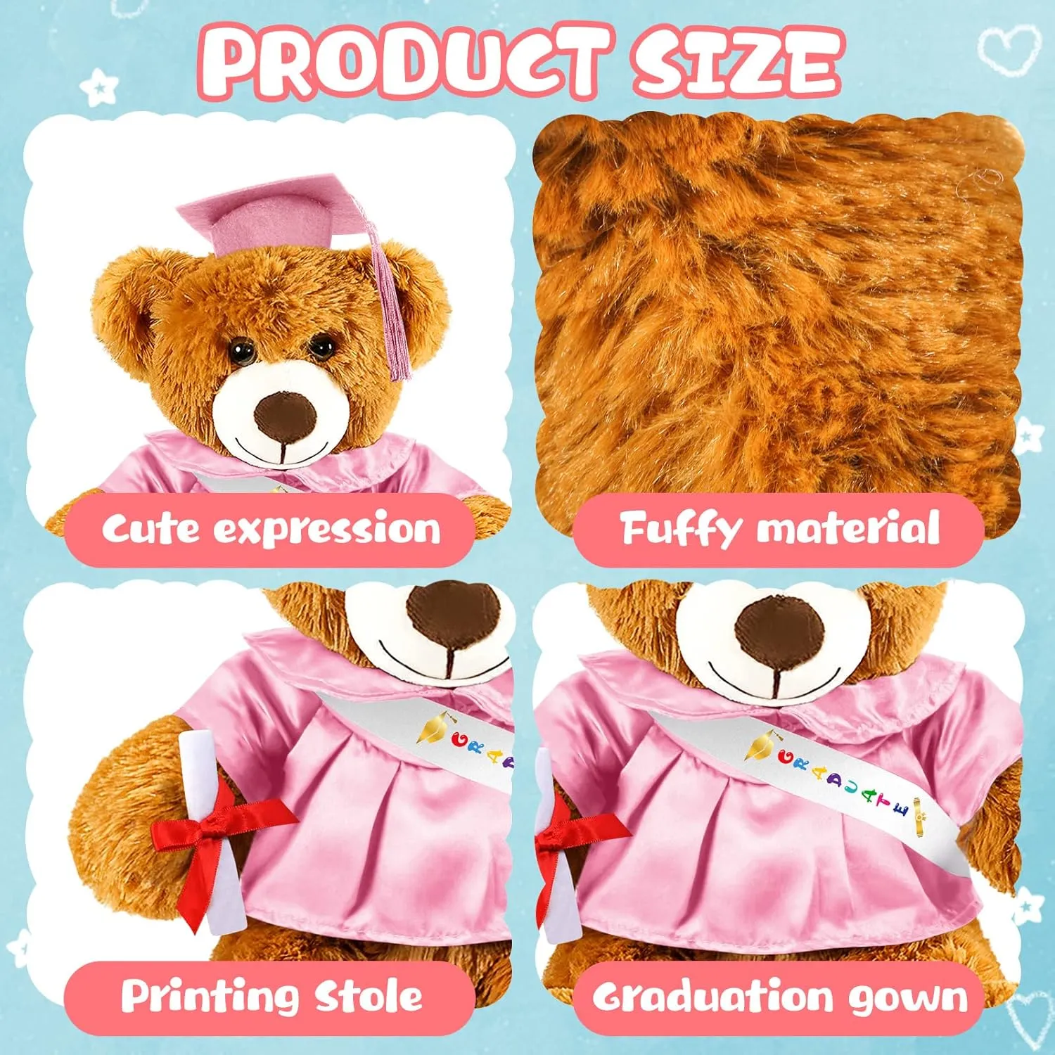 Sotiff 2 Pcs Graduation Bear Plush Stuffed Toy Bear Graduation Gifts Doll Stuffed with Grad Cap for Preschool Kindergarten College Gift(12 Inch,Brown, Pink)