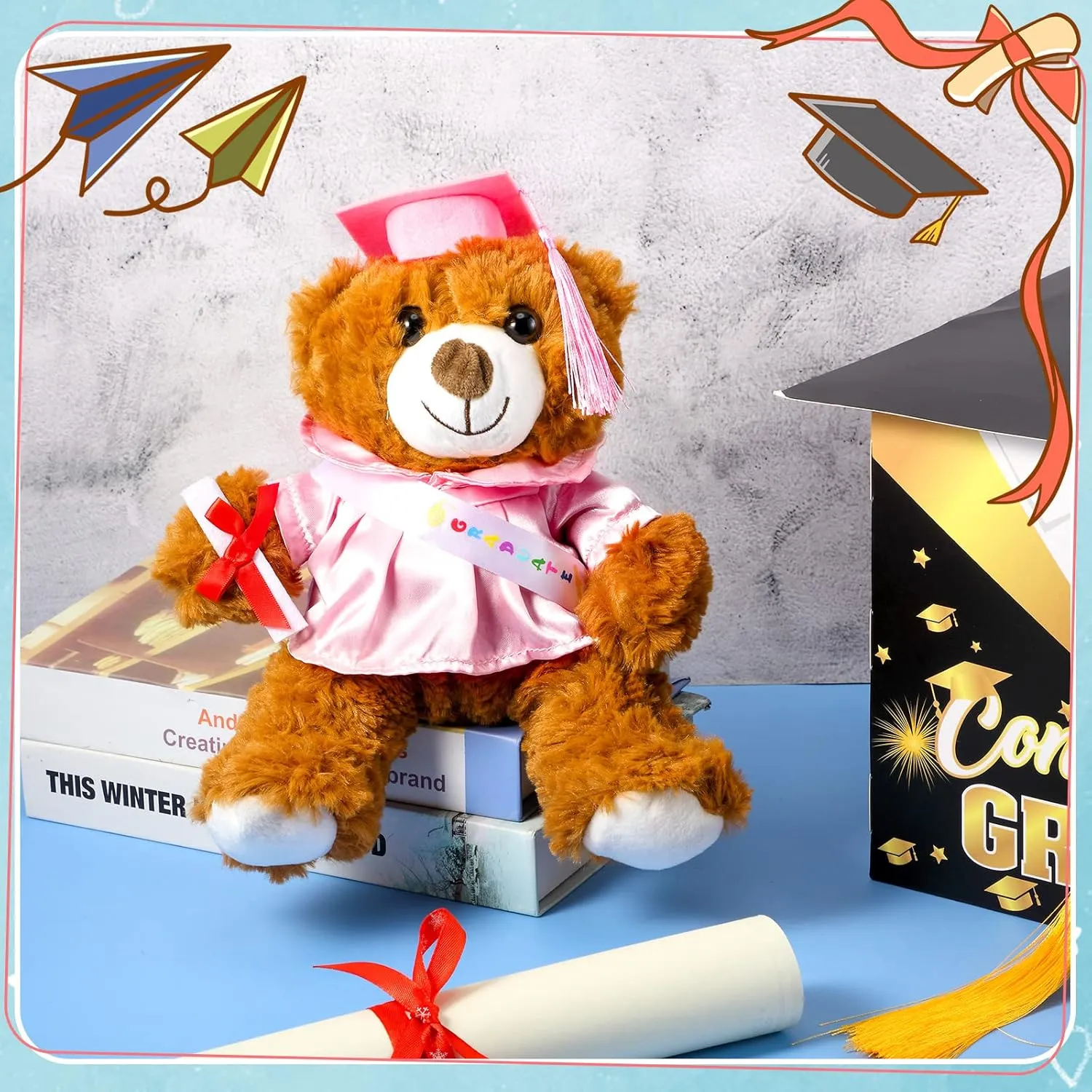Sotiff 2 Pcs Graduation Bear Plush Stuffed Toy Bear Graduation Gifts Doll Stuffed with Grad Cap for Preschool Kindergarten College Gift(12 Inch,Brown, Pink)