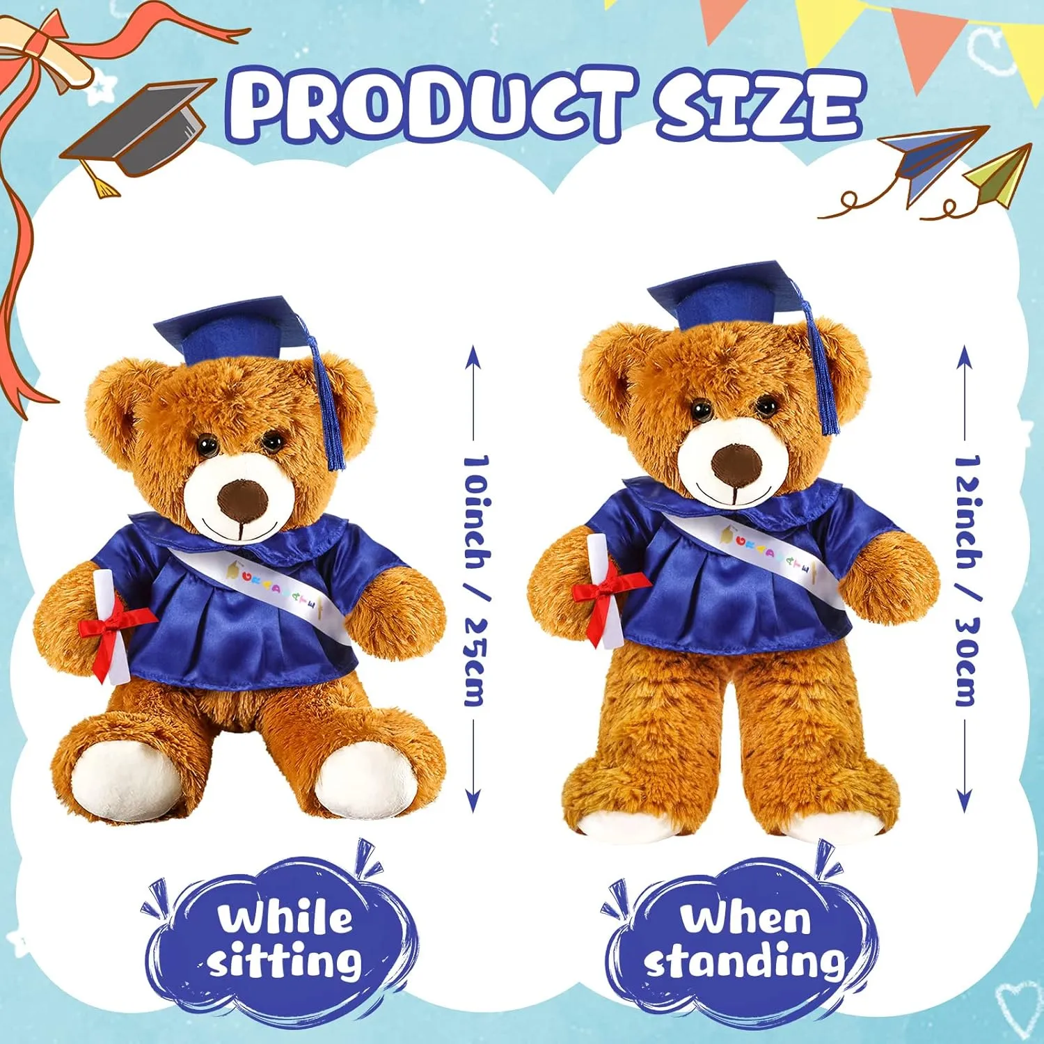 Sotiff 2 Pcs Graduation Bear Plush Stuffed Toy Bear Graduation Gifts Doll Stuffed with Grad Cap for Preschool Kindergarten College Gift(12 Inch,Brown, Royal Blue)