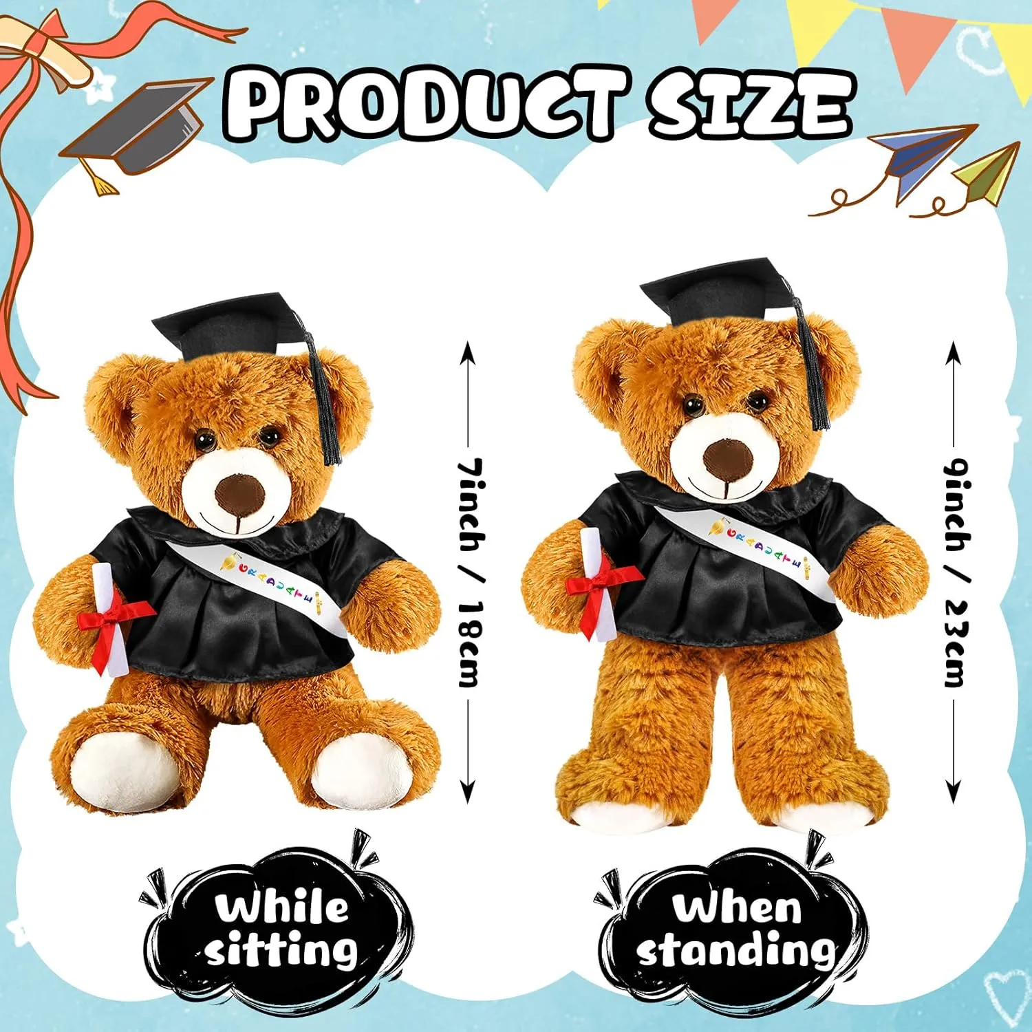 Sotiff 2 Pcs Graduation Bear Plush Stuffed Toy Bear Graduation Gifts Doll Stuffed with Grad Cap for Preschool Kindergarten College Gift(9 Inch,Brown, Black)