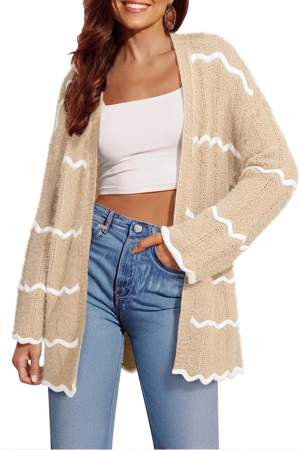 Sovoyontee Women's Oversized Striped Cardigan 2024 Fall Open Front Lightweight Cardigans Knit Sweater Coats