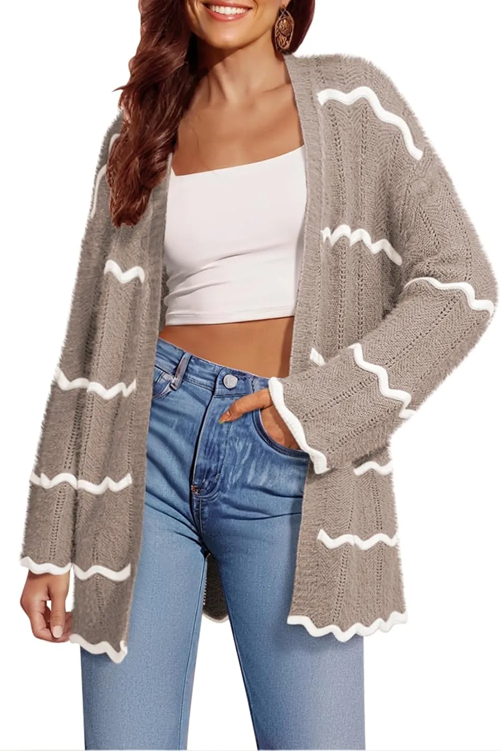 Sovoyontee Women's Oversized Striped Cardigan 2024 Fall Open Front Lightweight Cardigans Knit Sweater Coats