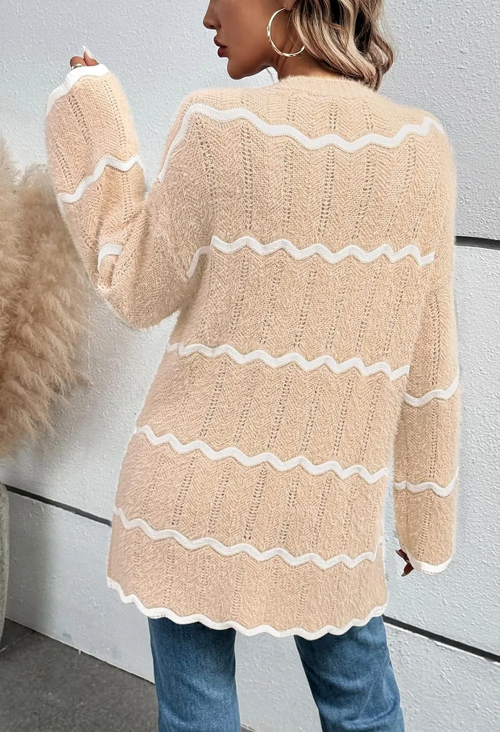 Sovoyontee Women's Oversized Striped Cardigan 2024 Fall Open Front Lightweight Cardigans Knit Sweater Coats