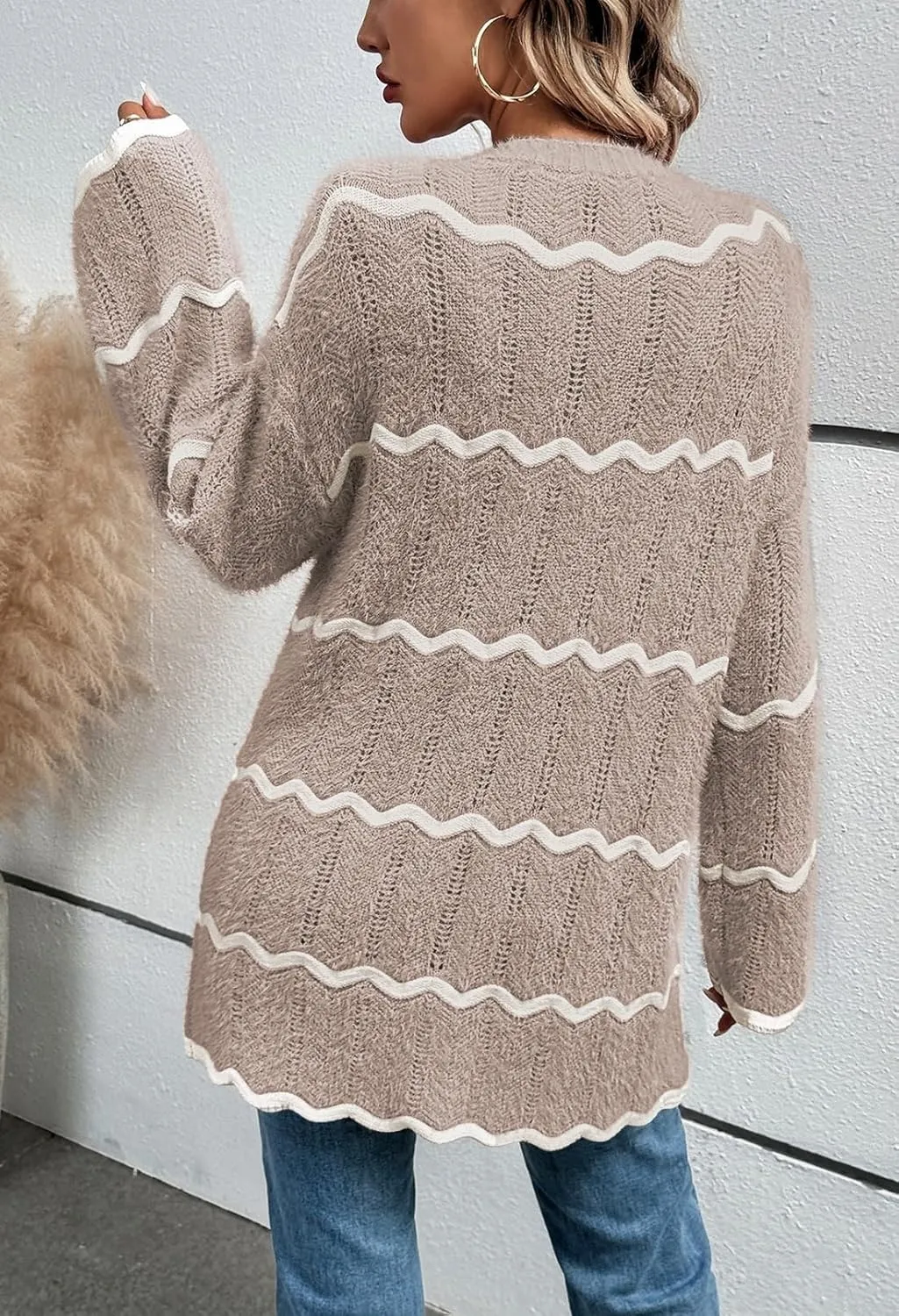Sovoyontee Women's Oversized Striped Cardigan 2024 Fall Open Front Lightweight Cardigans Knit Sweater Coats