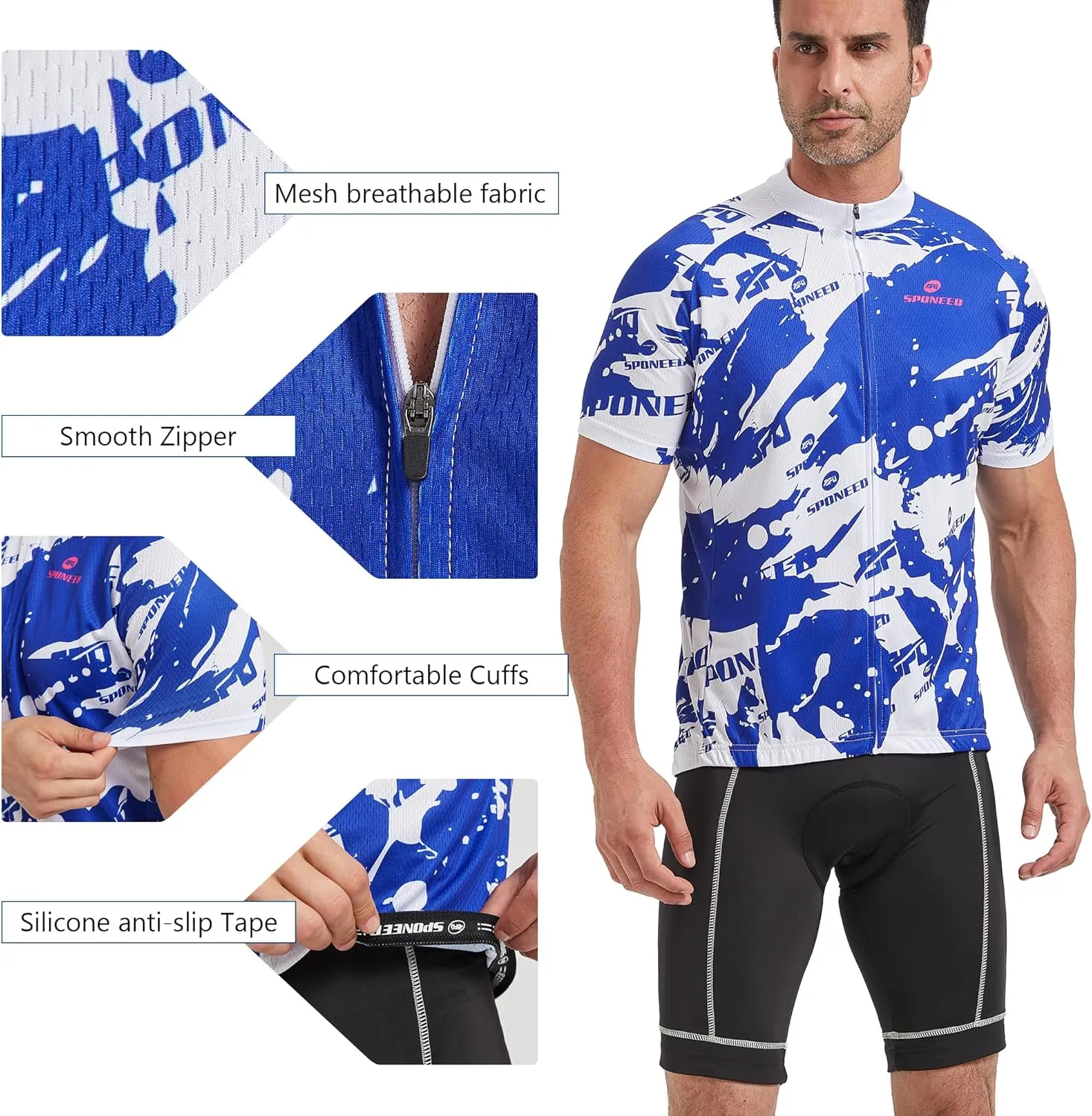 sponeed Men's Cycling Jerseys Tops Biking Shirts Short Sleeve Bike Clothing Full Zipper Bicycle Jacket with Pockets