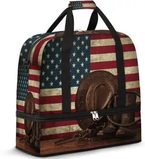 Sports Duffel Bag, Foldable 4th of July Travel Duffel Bag, Gym Yoga Beach Bag Weekender Overnight Bag with Shoes Compartment for Men Women, Cowboy Hat