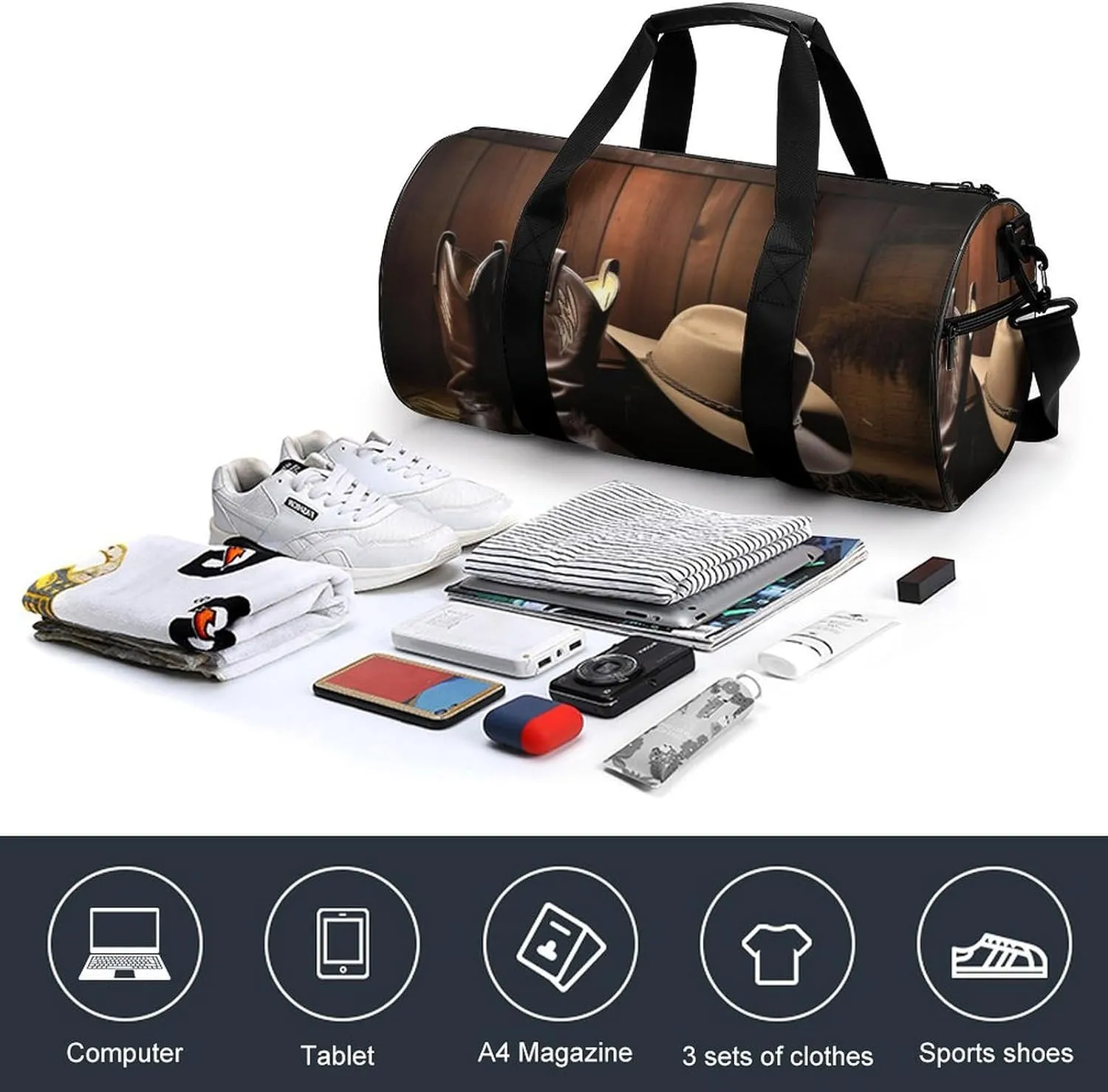 Sports Gym Bag for Women Men Travel Duffel Bag Tote Weekender Bag Cowboy Black Hat Western Boots Carry on Overnight Bag for Travel Swimming Fitness Workout Sports Duffle Bag