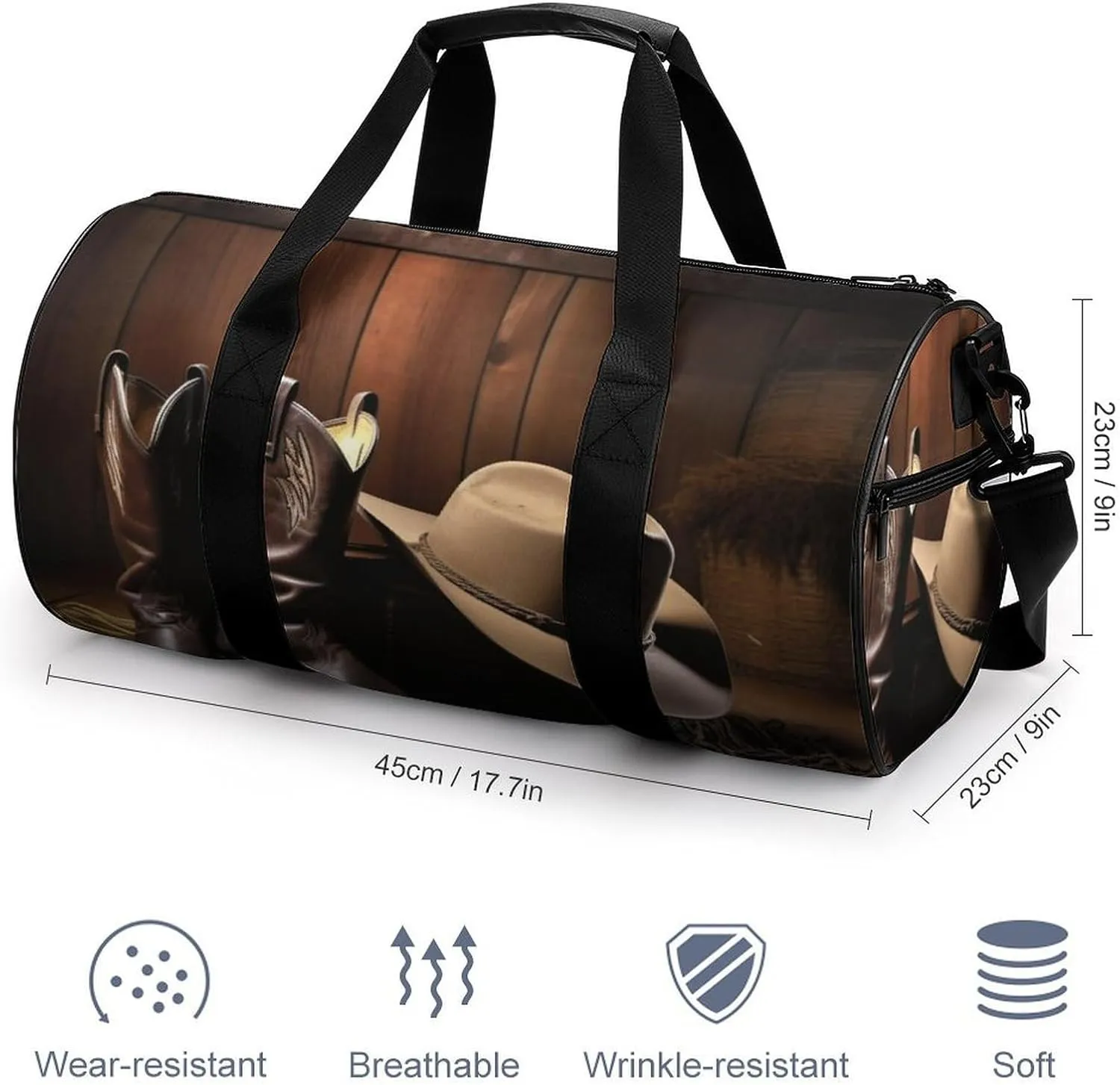 Sports Gym Bag for Women Men Travel Duffel Bag Tote Weekender Bag Cowboy Black Hat Western Boots Carry on Overnight Bag for Travel Swimming Fitness Workout Sports Duffle Bag