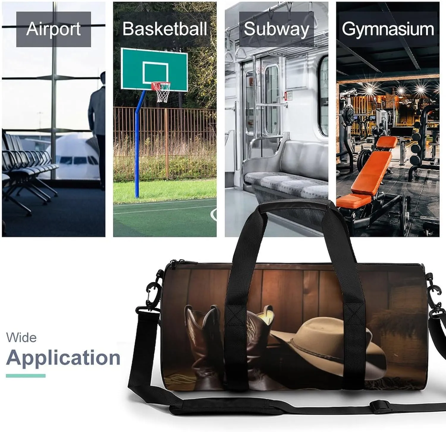 Sports Gym Bag for Women Men Travel Duffel Bag Tote Weekender Bag Cowboy Black Hat Western Boots Carry on Overnight Bag for Travel Swimming Fitness Workout Sports Duffle Bag