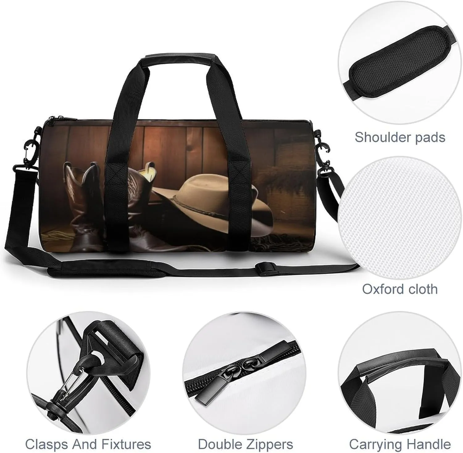 Sports Gym Bag for Women Men Travel Duffel Bag Tote Weekender Bag Cowboy Black Hat Western Boots Carry on Overnight Bag for Travel Swimming Fitness Workout Sports Duffle Bag