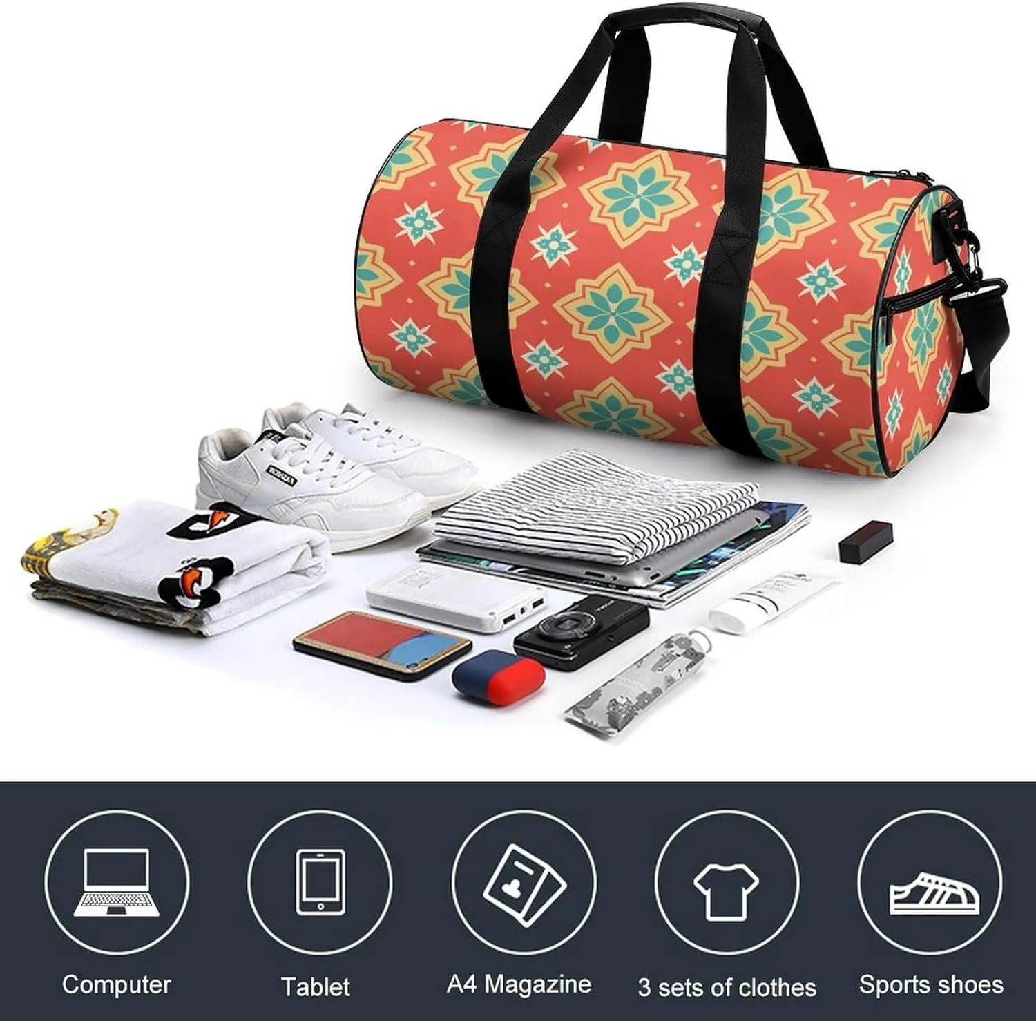 Sports Gym Bag for Women Men Travel Duffel Bag With Orange Border Weekender Bag Canvas Carry on Overnight Bag for Travel Swimming Fitness Workout Sports Duffle Bag, 17.7in/9in/9in, style-2-3