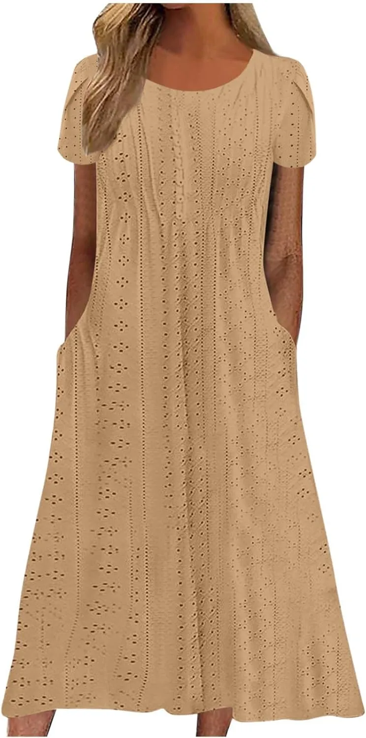 Spring Dresses for Women 2025 Eyelet Short Sleeve Midi Sundress Hollow Out Empire Waist Summer Dress with Pockets
