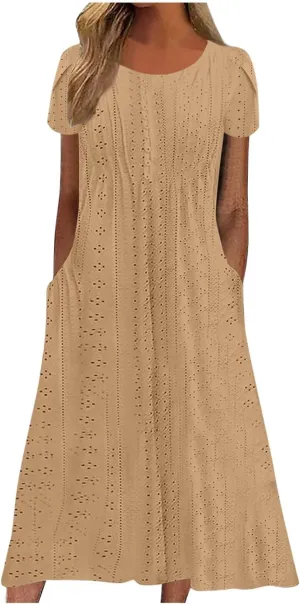 Spring Dresses for Women 2025 Eyelet Short Sleeve Midi Sundress Hollow Out Empire Waist Summer Dress with Pockets