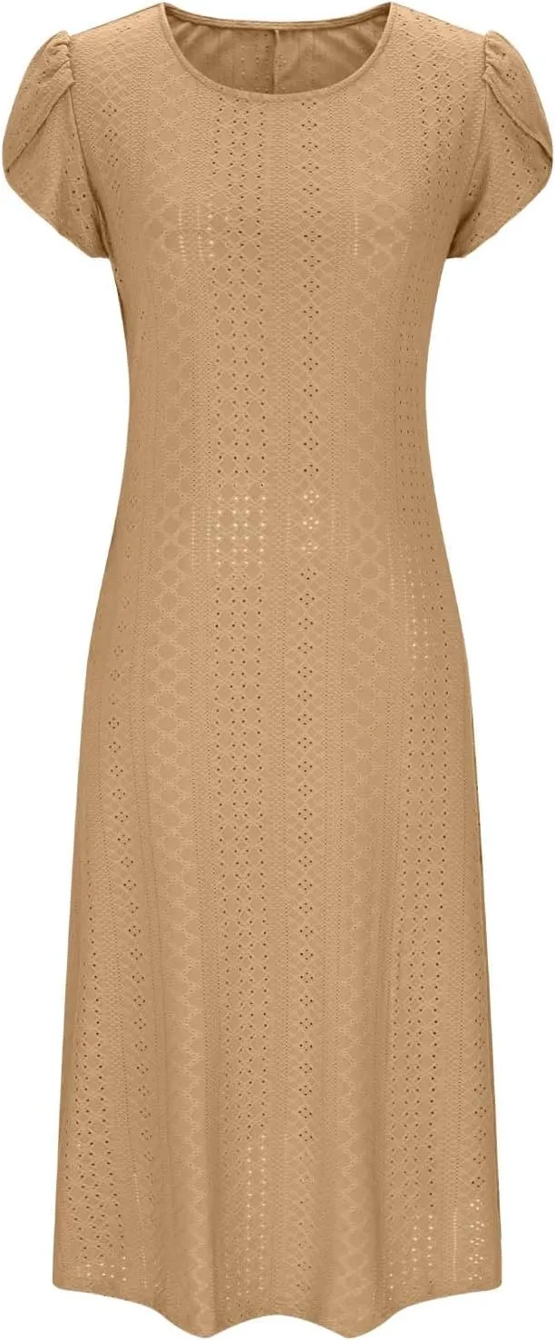 Spring Dresses for Women 2025 Eyelet Short Sleeve Midi Sundress Hollow Out Empire Waist Summer Dress with Pockets