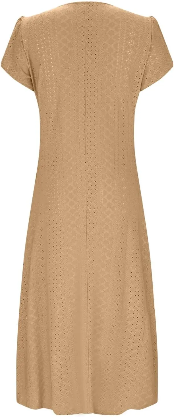 Spring Dresses for Women 2025 Eyelet Short Sleeve Midi Sundress Hollow Out Empire Waist Summer Dress with Pockets