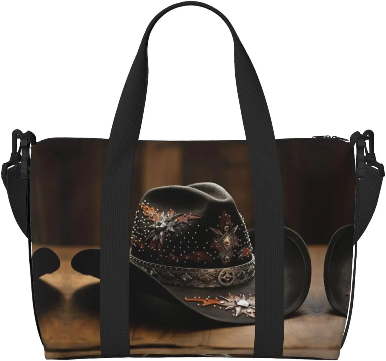 SSIMOO American West Rodeo Hat Print Portable Travel Duffel Bag,Ideal For Business And Private Travel, Black