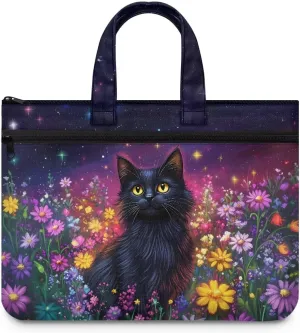 Starry Night Cat Handle Document Bag Briefcase for Women Lightweight and Portable Carrying Paper File Tote Bag Ladies Trendy Documents Pouch Handle Handbag