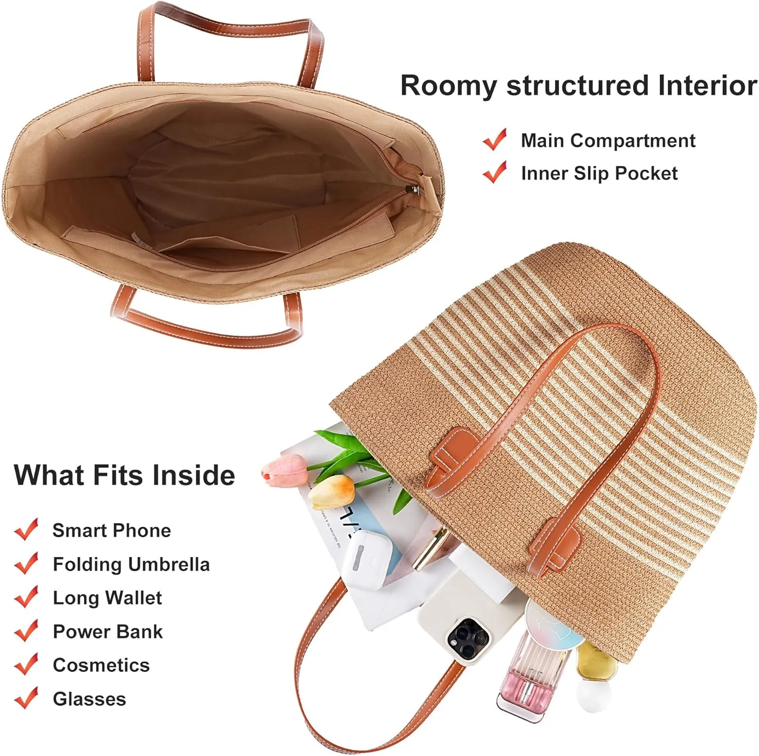 Straw Bags for Women, Straw Beach Bags for Women Beach Tote Bag Summer Woven Shoulder Handbags for Vacation Holiday