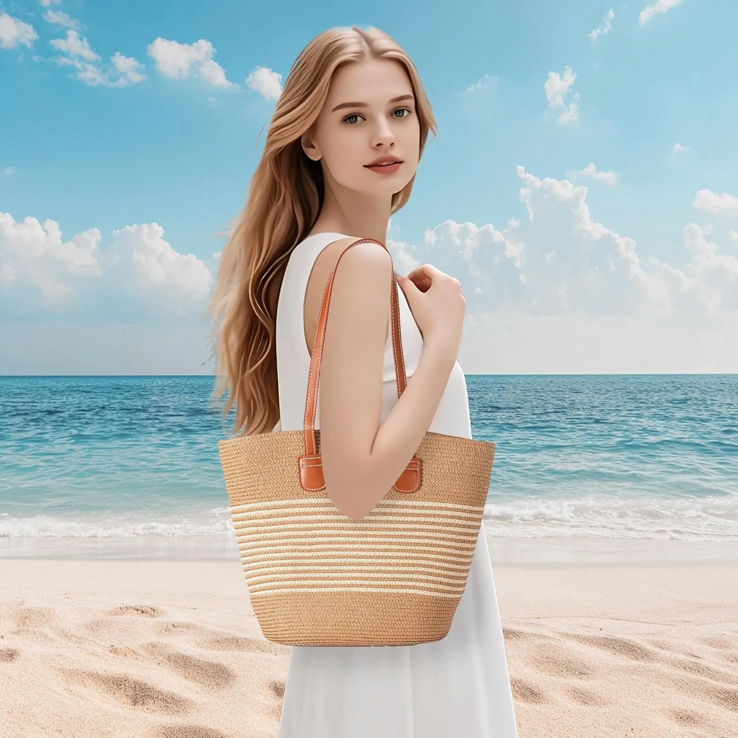 Straw Bags for Women, Straw Beach Bags for Women Beach Tote Bag Summer Woven Shoulder Handbags for Vacation Holiday