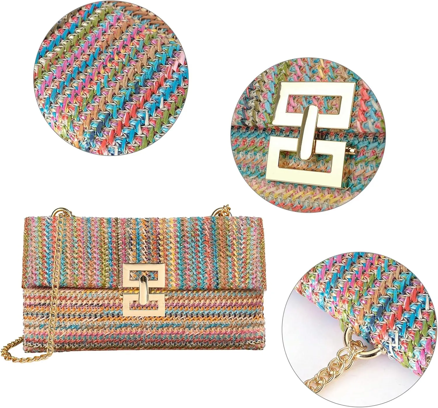 Straw Chain Clutch Purses for Women Ladies Woven Envelope Handbag Shoulder Crossbody Beach Bag