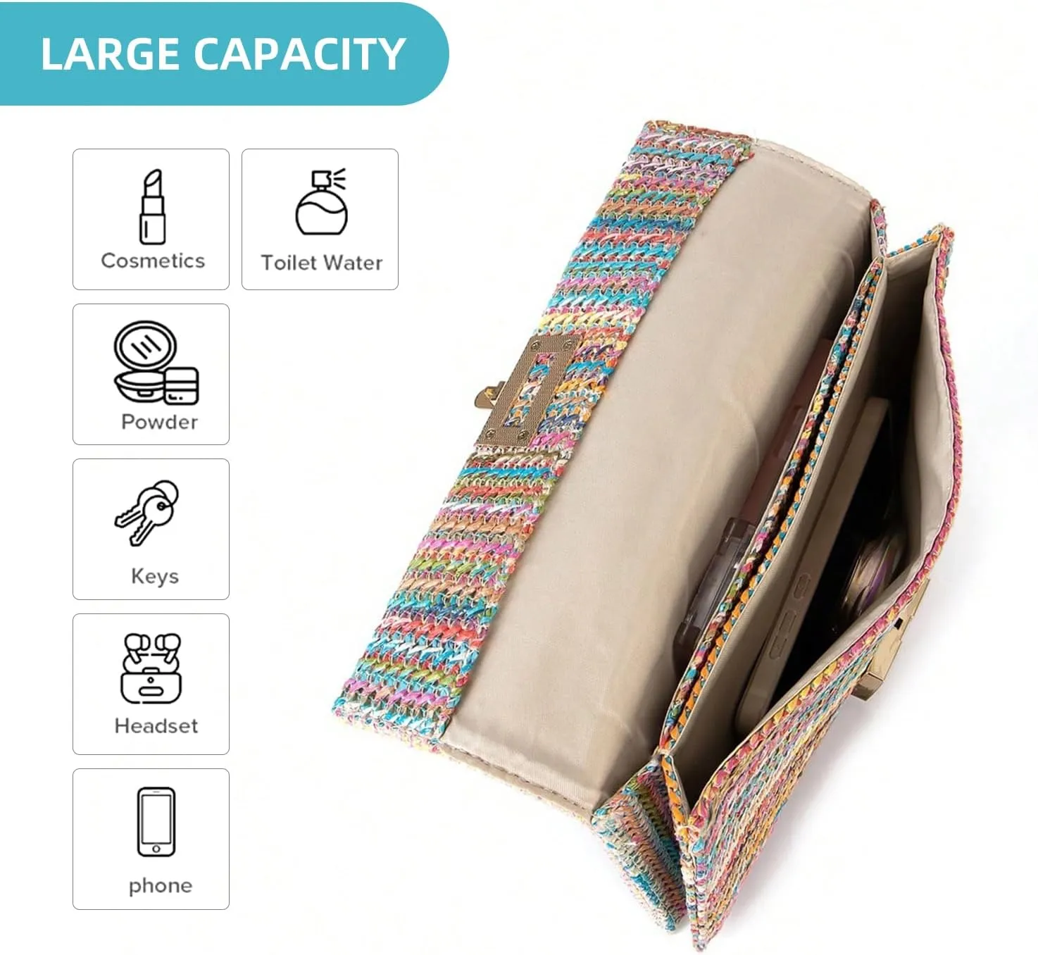 Straw Chain Clutch Purses for Women Ladies Woven Envelope Handbag Shoulder Crossbody Beach Bag