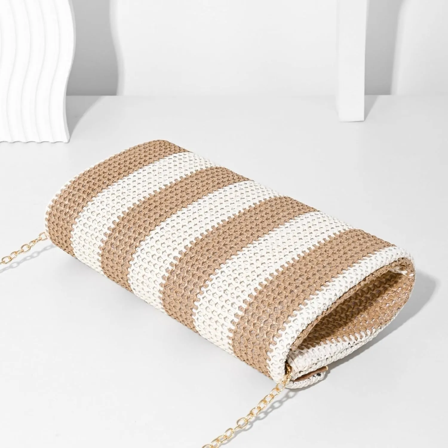 Straw Clutch Bag Women Summer Woven Handbag Striped Chain Crossbody Envelope Shoulder Boho Beach Evening Party Purse