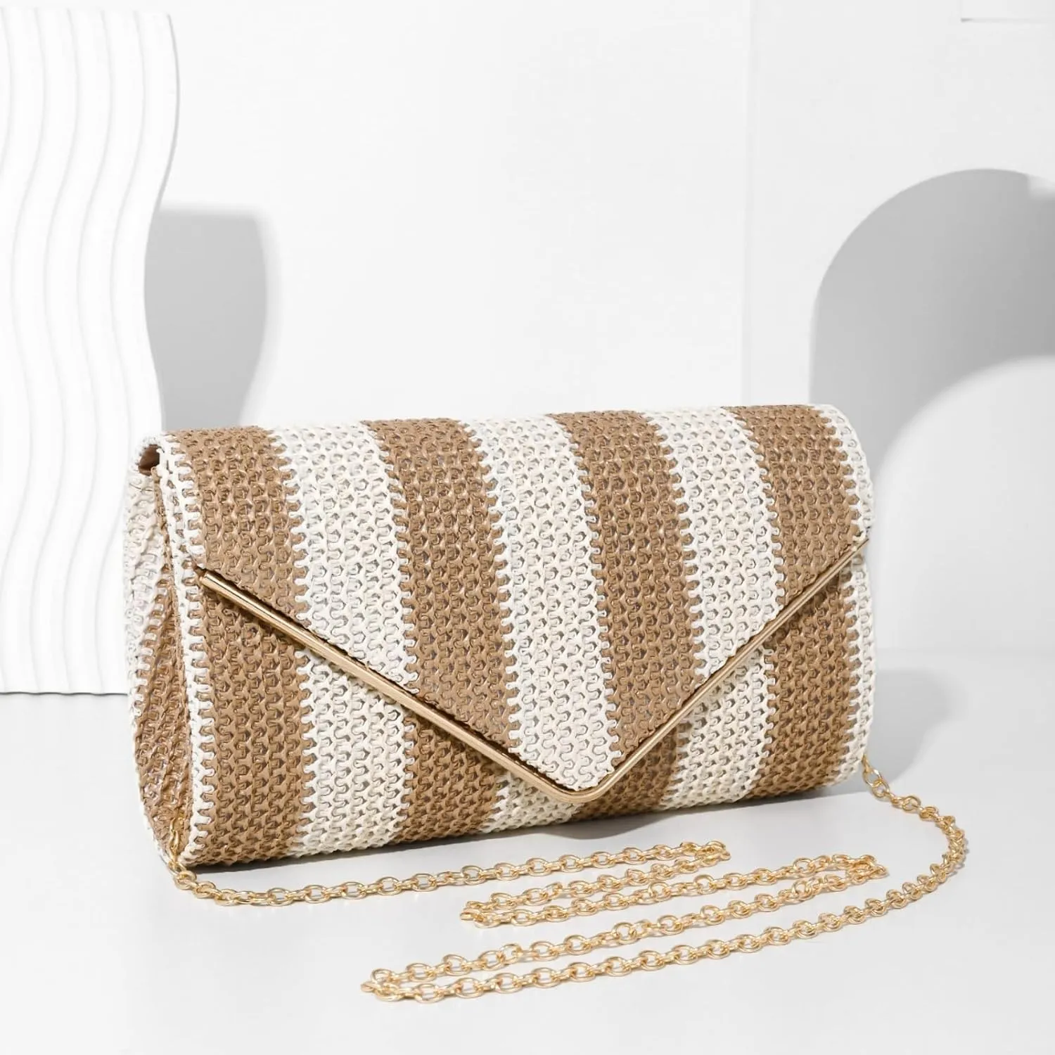 Straw Clutch Bag Women Summer Woven Handbag Striped Chain Crossbody Envelope Shoulder Boho Beach Evening Party Purse