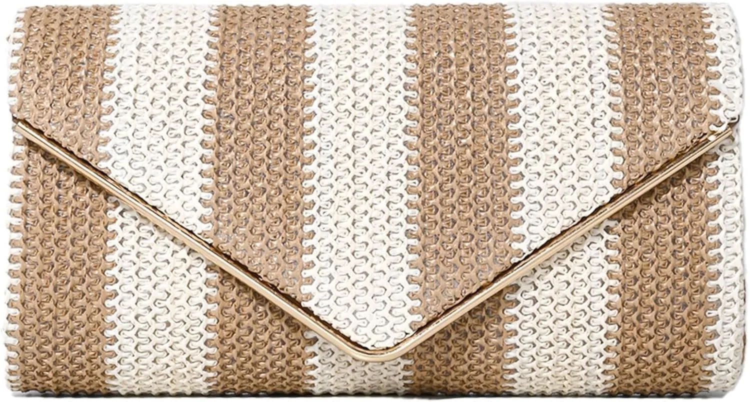 Straw Clutch Bag Women Summer Woven Handbag Striped Chain Crossbody Envelope Shoulder Boho Beach Evening Party Purse