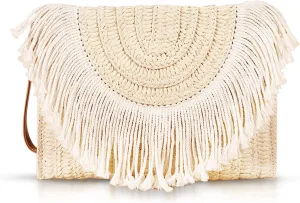Straw Clutch Purses, Crossbody Bags for Women, Bohemian Tassel HandMade Woven Envelope Package, Handbags for Women Vacation, Travel, Beach (Beige)