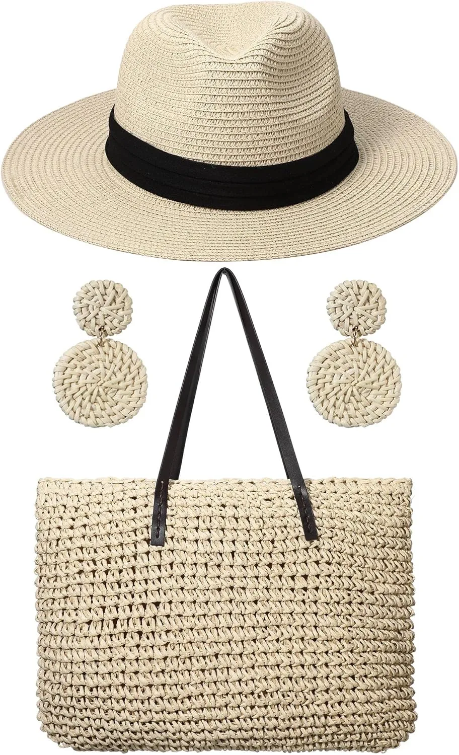 Straw Large Beach Bag for Women's Woven Beach Bag and Hats Set Earring Handmade Shoulder Hand Bohemia Set