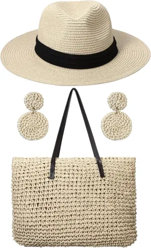 Straw Large Beach Bag for Women's Woven Beach Bag and Hats Set Earring Handmade Shoulder Hand Bohemia Set
