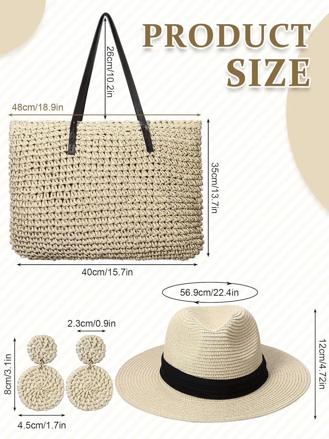 Straw Large Beach Bag for Women's Woven Beach Bag and Hats Set Earring Handmade Shoulder Hand Bohemia Set