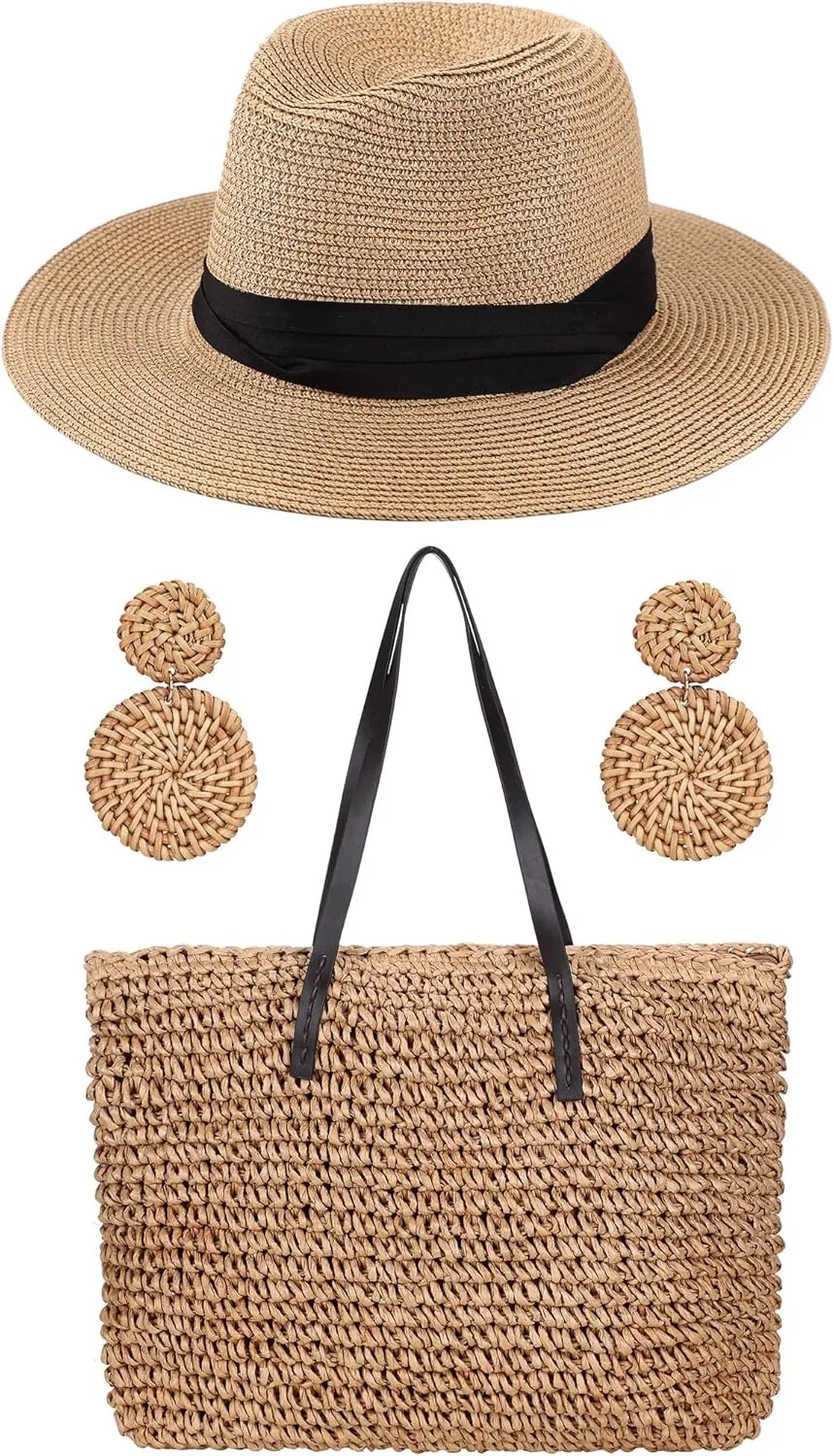 Straw Large Beach Bag for Women's Woven Beach Bag and Hats Set Earring Handmade Shoulder Hand Bohemia Set