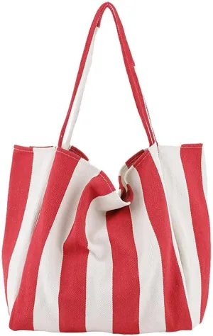 Striped Canvas Tote Handbag for Women Vertical Stripe Large Capacity Shoulder Bag for Shopping Travel