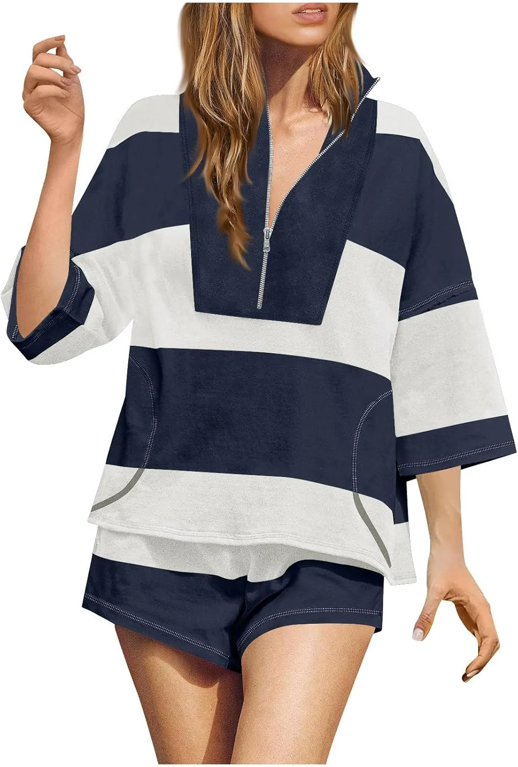 Striped Sets Women 2 Piece Outfits Tracksuit Oversized Lounge Set Top and Shorts Sets with Pockets