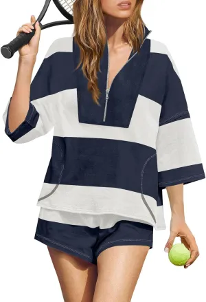 Striped Sets Women 2 Piece Outfits Tracksuit Oversized Lounge Set Top and Shorts Sets with Pockets