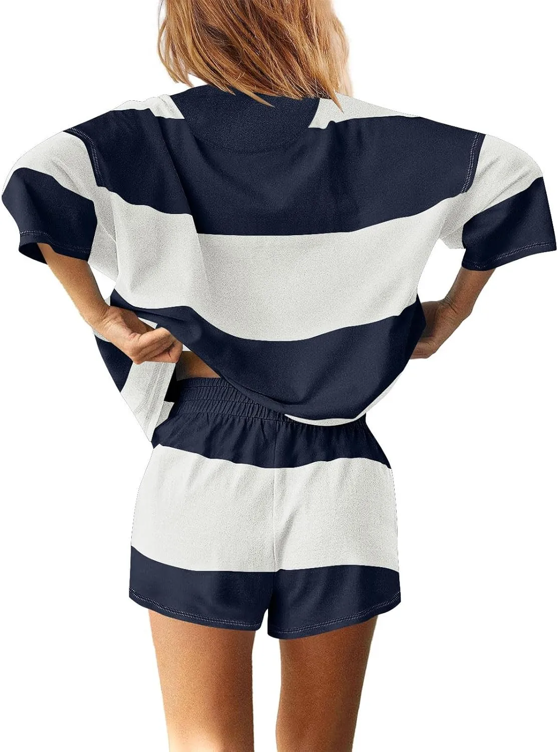 Striped Sets Women 2 Piece Outfits Tracksuit Oversized Lounge Set Top and Shorts Sets with Pockets